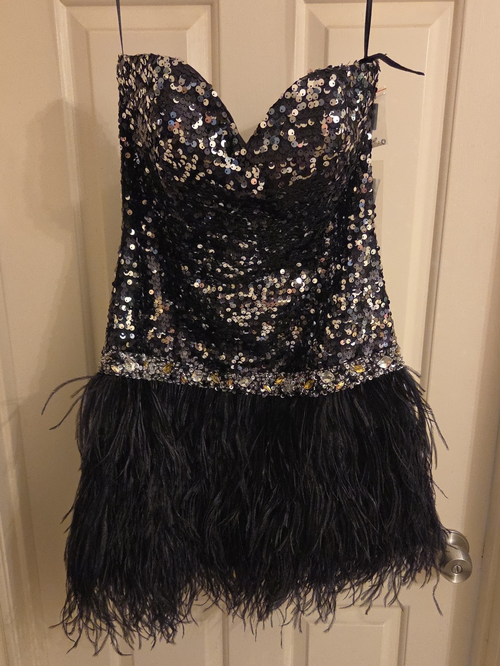 Night Moves Black Sequin & Feather Strapless Mini Dress